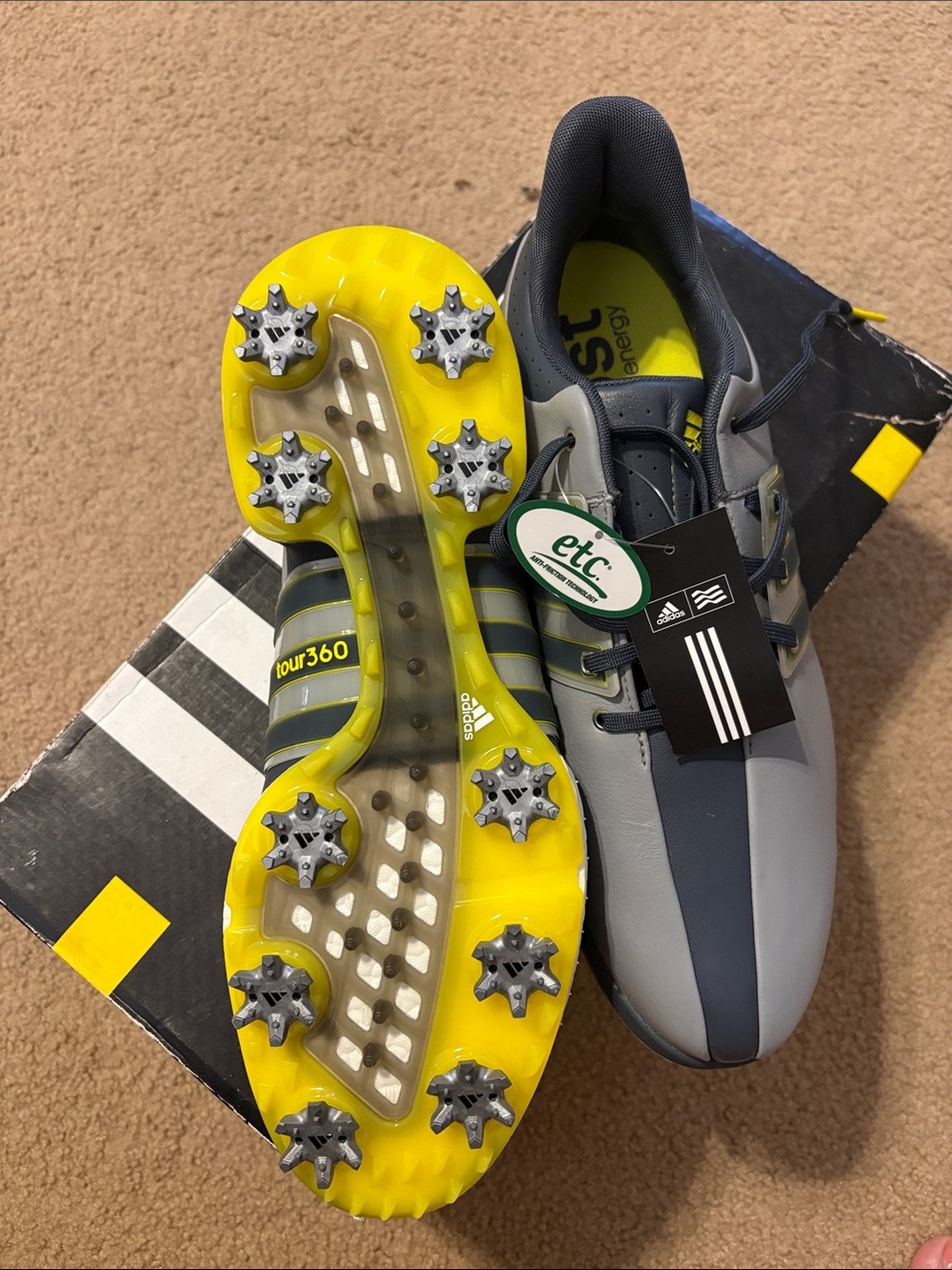 adidas Tour 360 Boost Gray and Yellow Golf Shoes - Picture 3 of 5